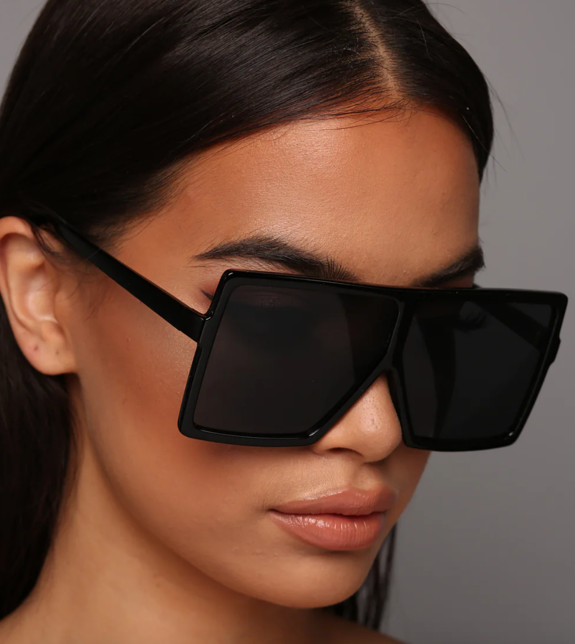 Sunglasses Black Square Oversized Flat top with Grey Lenses