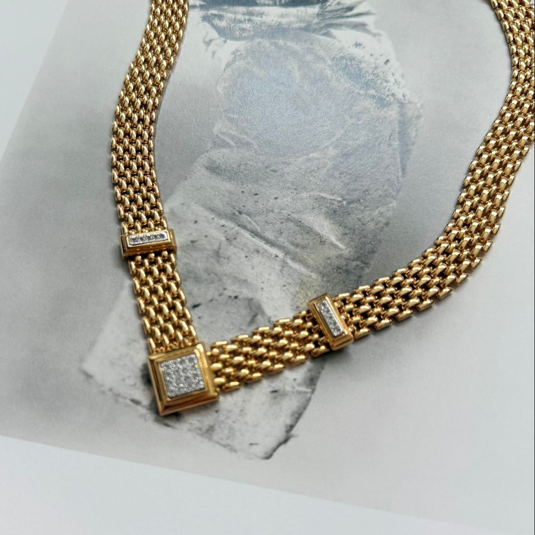 Vintage Avon Gold Panther Link V Crystal Pavé Collar Necklace