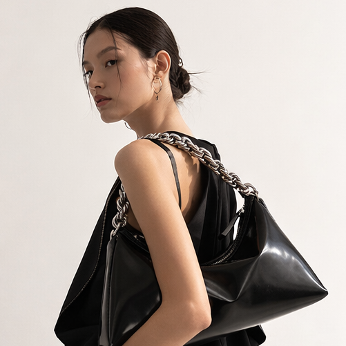 Helix Embossed Black Lightweight Leather Shoulder Bag