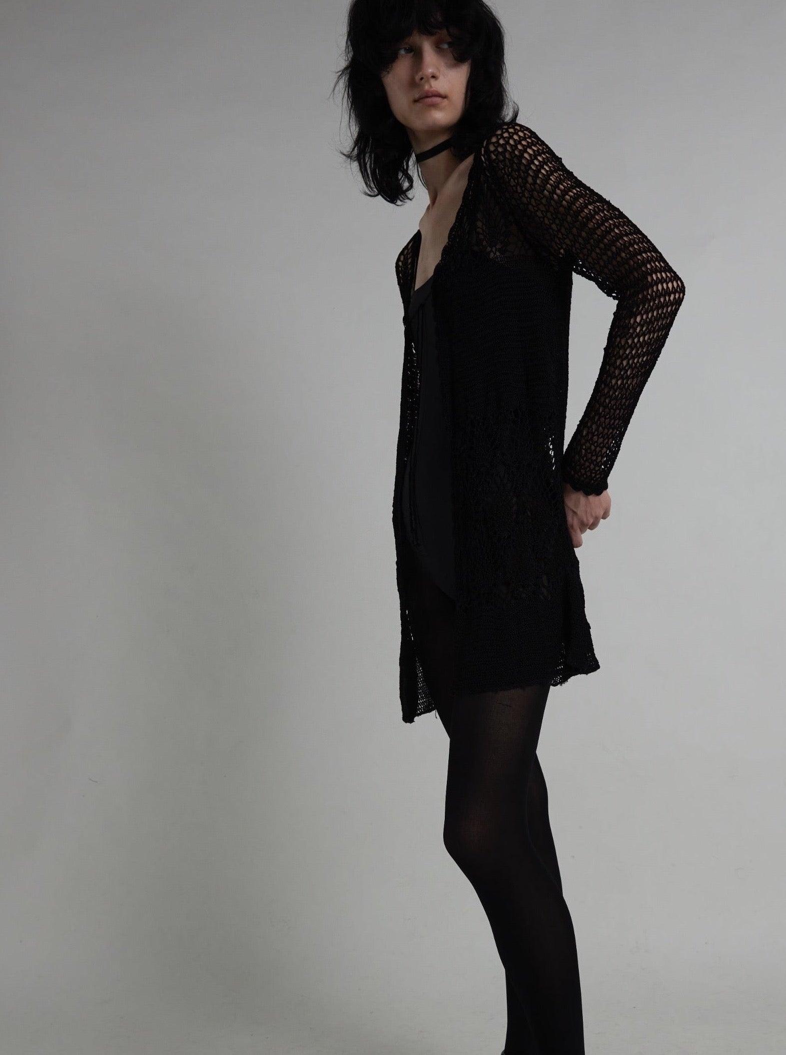 Pre-Loved Black Long Crochet Cardigan - WŪHAŪS