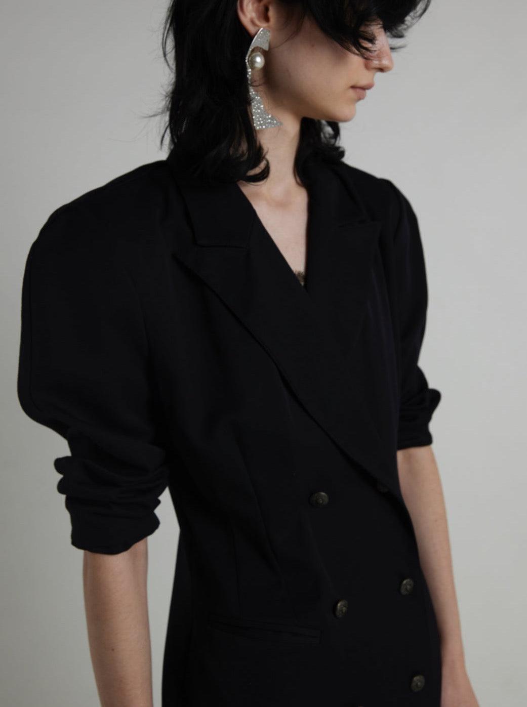 Vintage 1980s Black Double Breasted Shirt Dress - WŪHAŪS