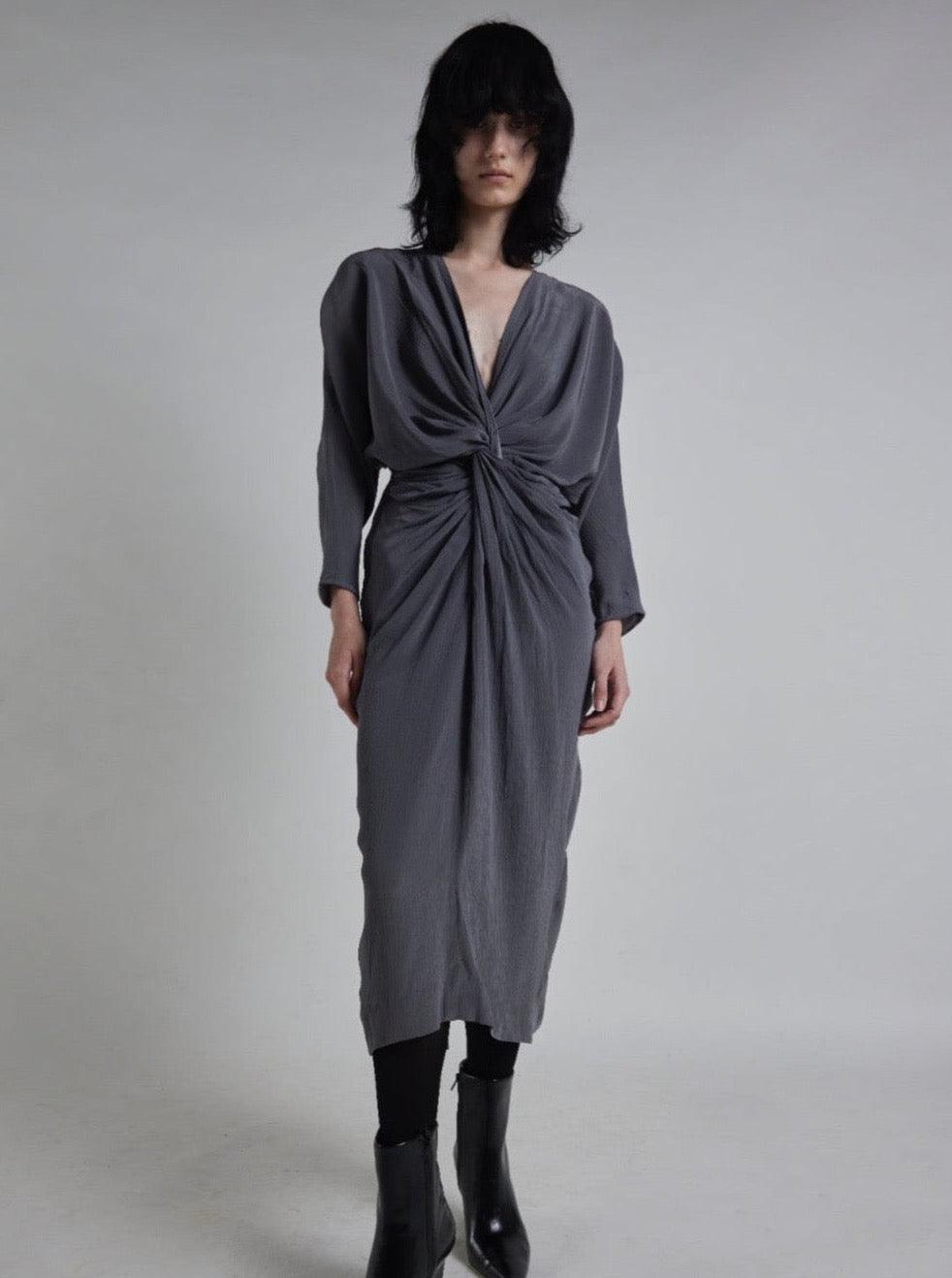 Vintage 1980s Grey Dress With Front Knot Detail - WŪHAŪS