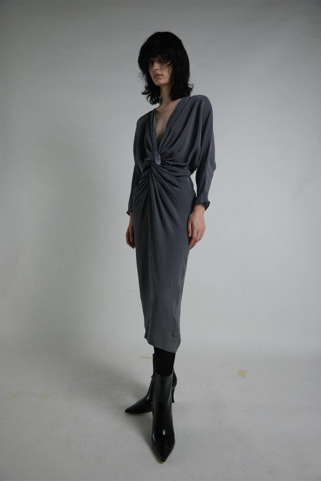 Vintage 1980s Grey Dress With Front Knot Detail - WŪHAŪS