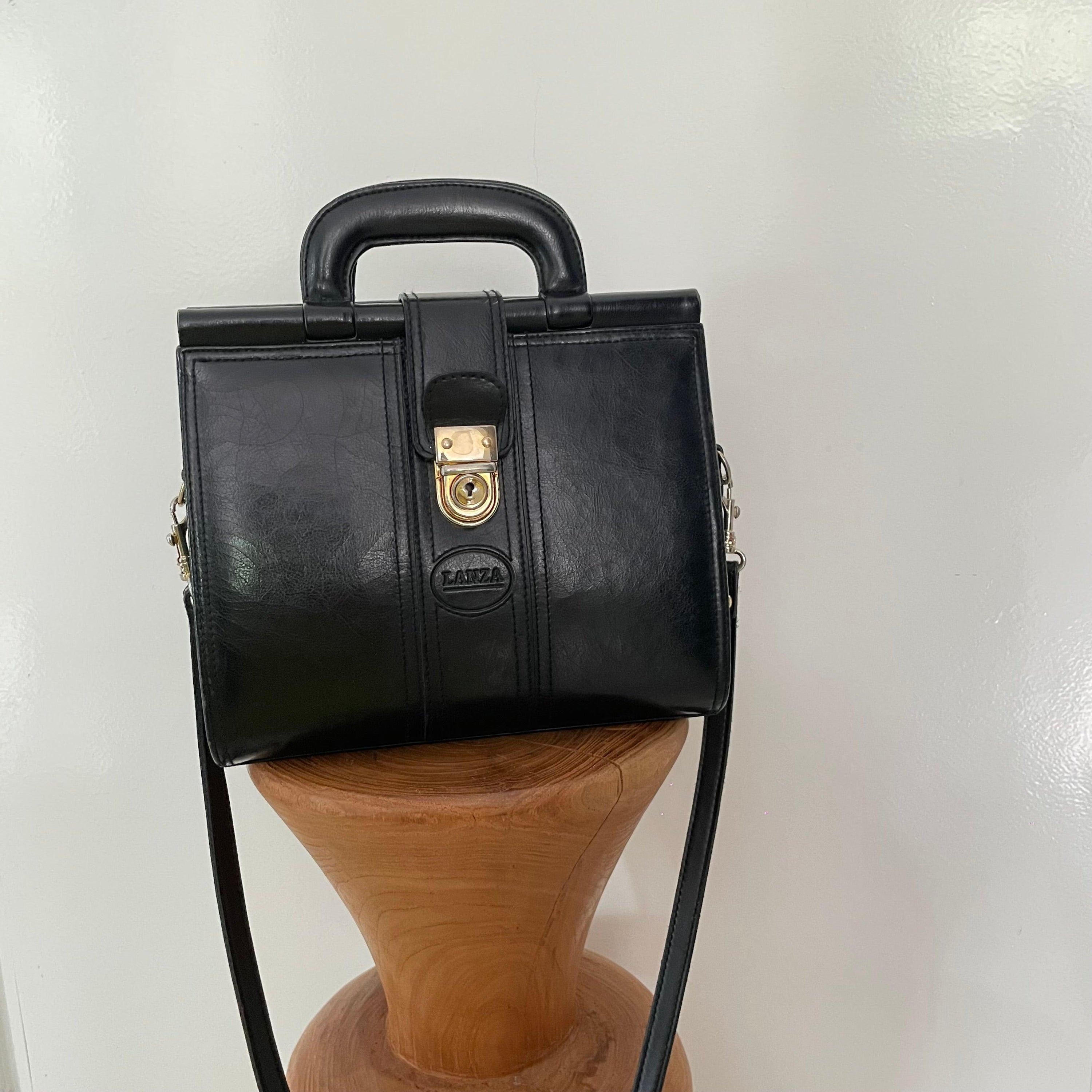 Vintage 1980s signed Lanza Black Leather bag with push lock button - WŪHAŪS