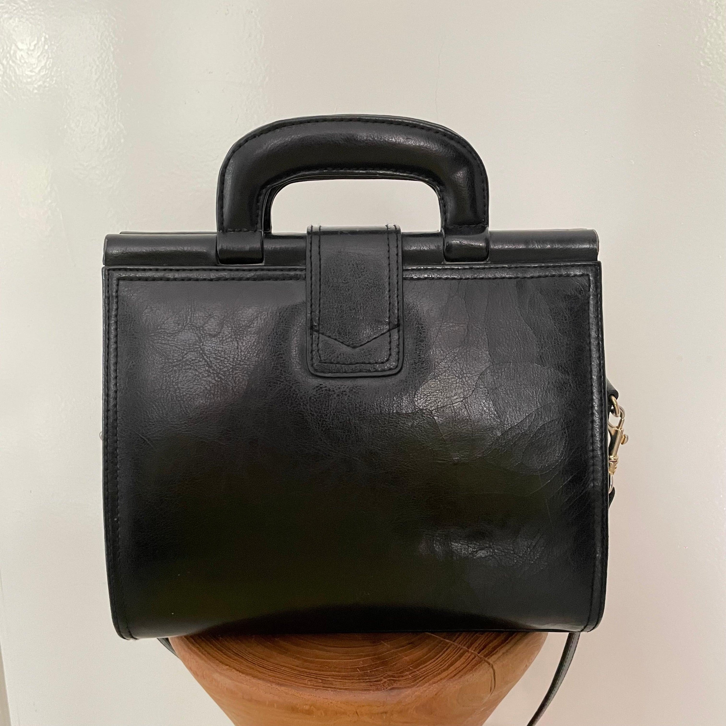 Vintage 1980s signed Lanza Black Leather bag with push lock button - WŪHAŪS