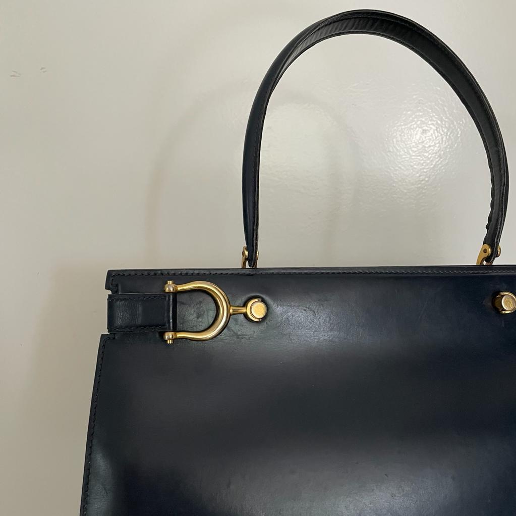 Vintage 60s Beautiful Leather Marine Box Top Handle Bag - WŪHAŪS