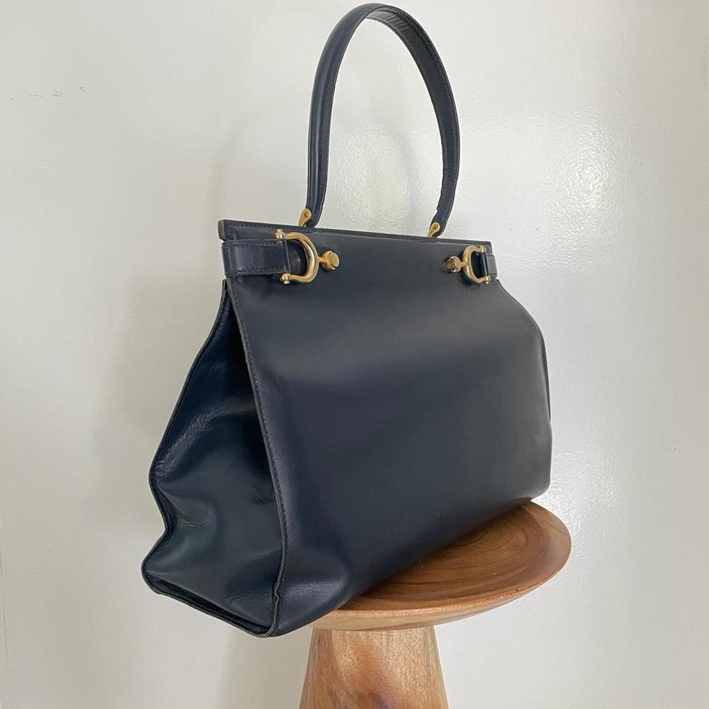 Vintage 60s Beautiful Leather Marine Box Top Handle Bag - WŪHAŪS
