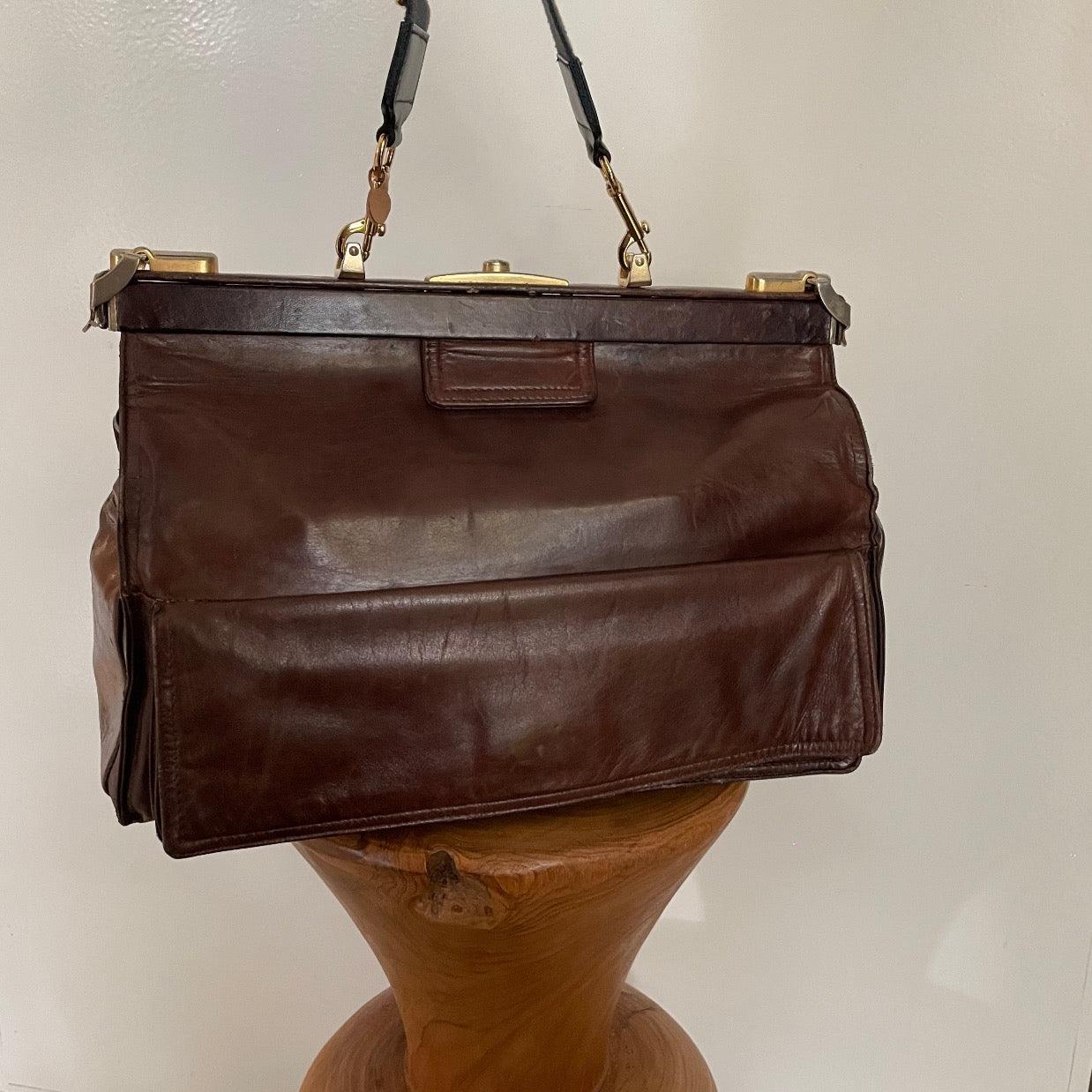Vintage Lancel Brown Genuine Leather Doctor Bag from Paris - WŪHAŪS